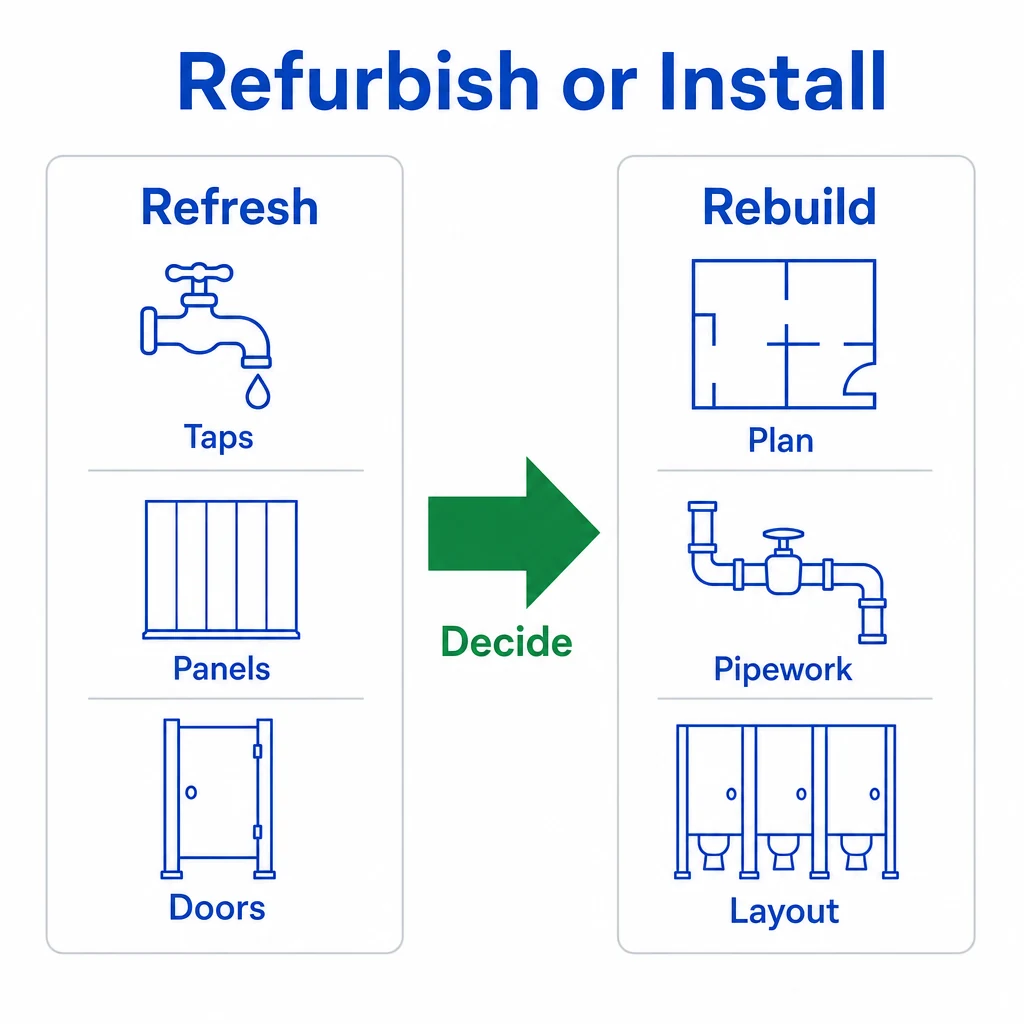 Graphic comparing washroom refurbishment with full installation.
