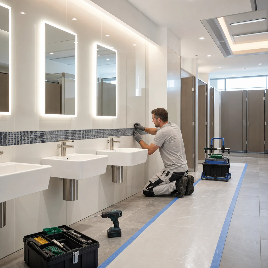 Installer refurbishing fittings in a modern commercial washroom.