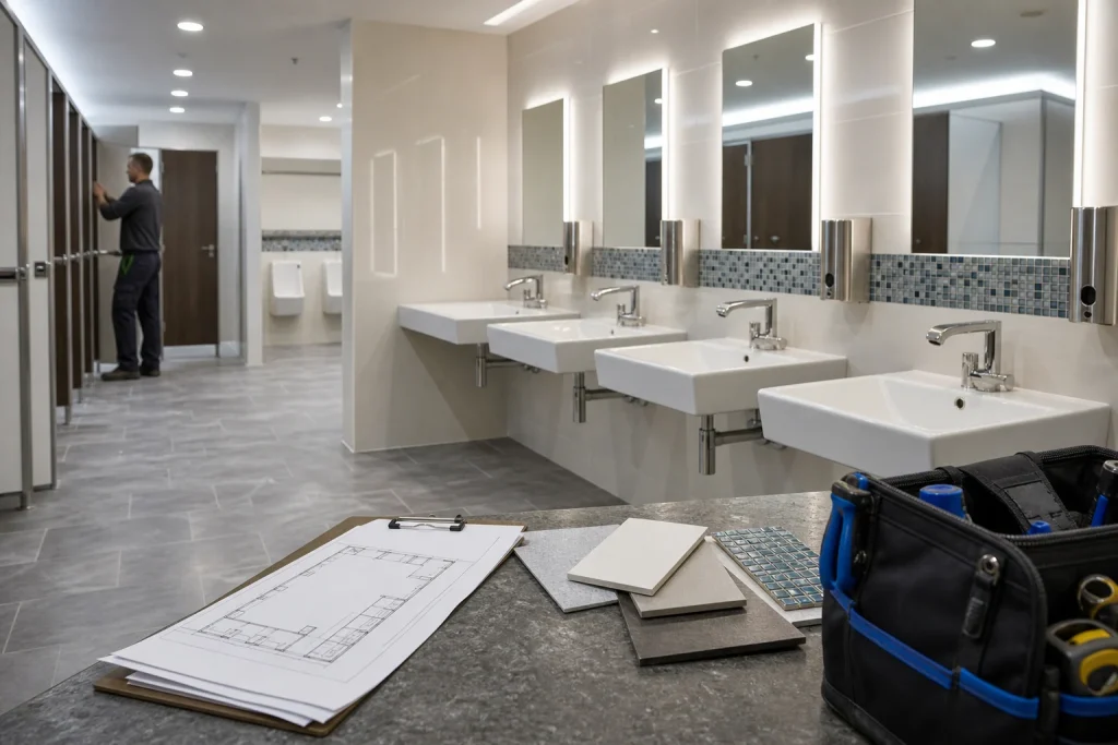 Modern commercial washroom with sinks, mirrors, cubicles and planning materials.