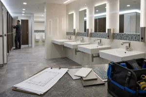 Modern commercial washroom with sinks, mirrors, cubicles and planning materials.
