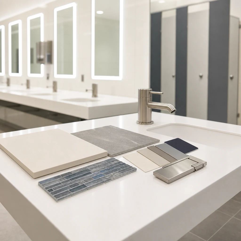 Washroom material samples including tiles, panels, taps and cubicle finishes.