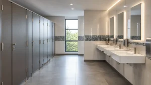 Modern commercial washroom cubicles with clean stainless hardware