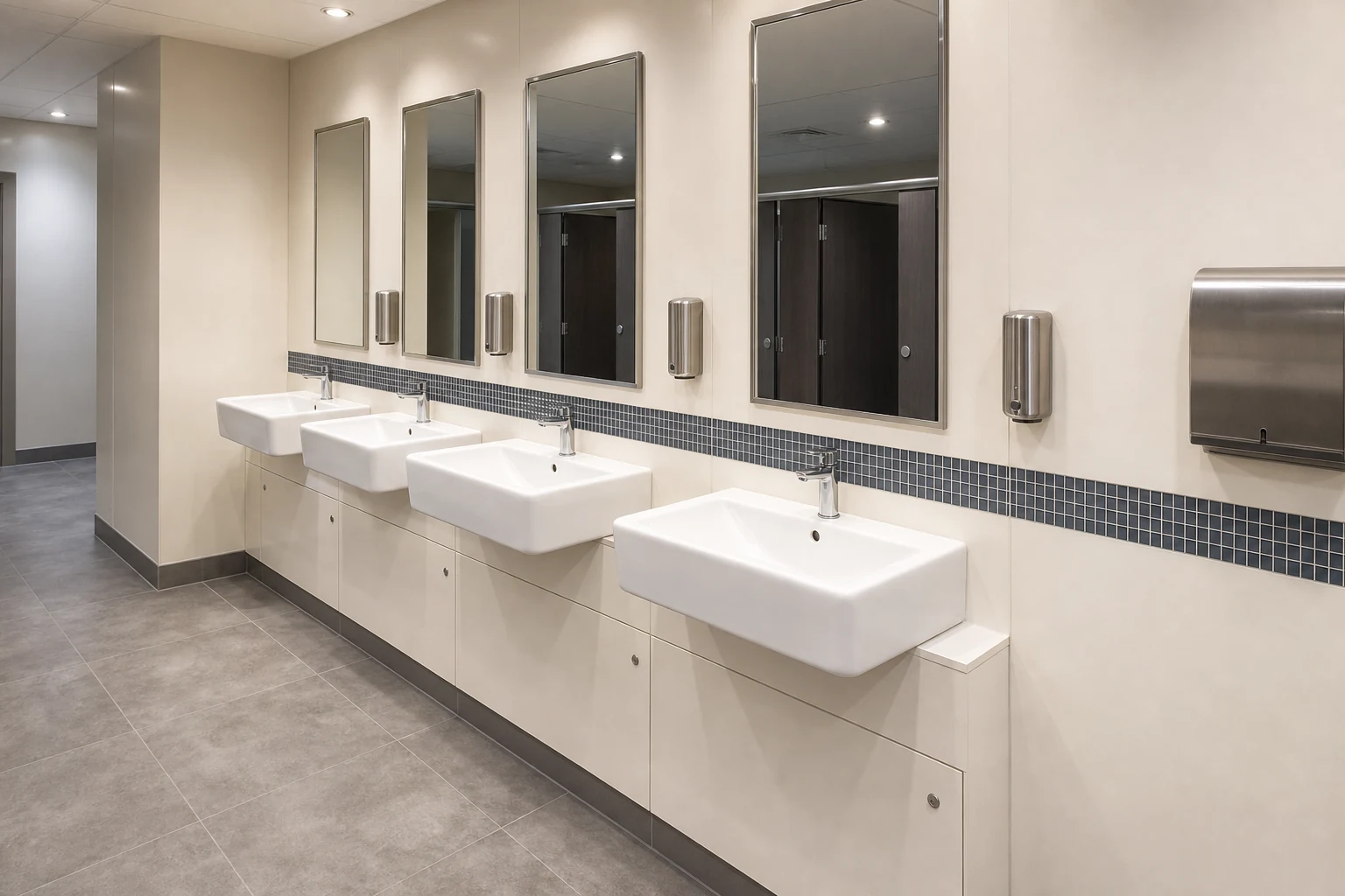 Clean commercial washroom with durable closed IPS duct panels