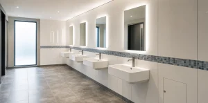 Modern commercial washroom with sinks and clean IPS duct panels