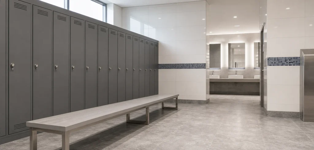 Modern commercial changing area with benches, lockers and clear circulation space.
