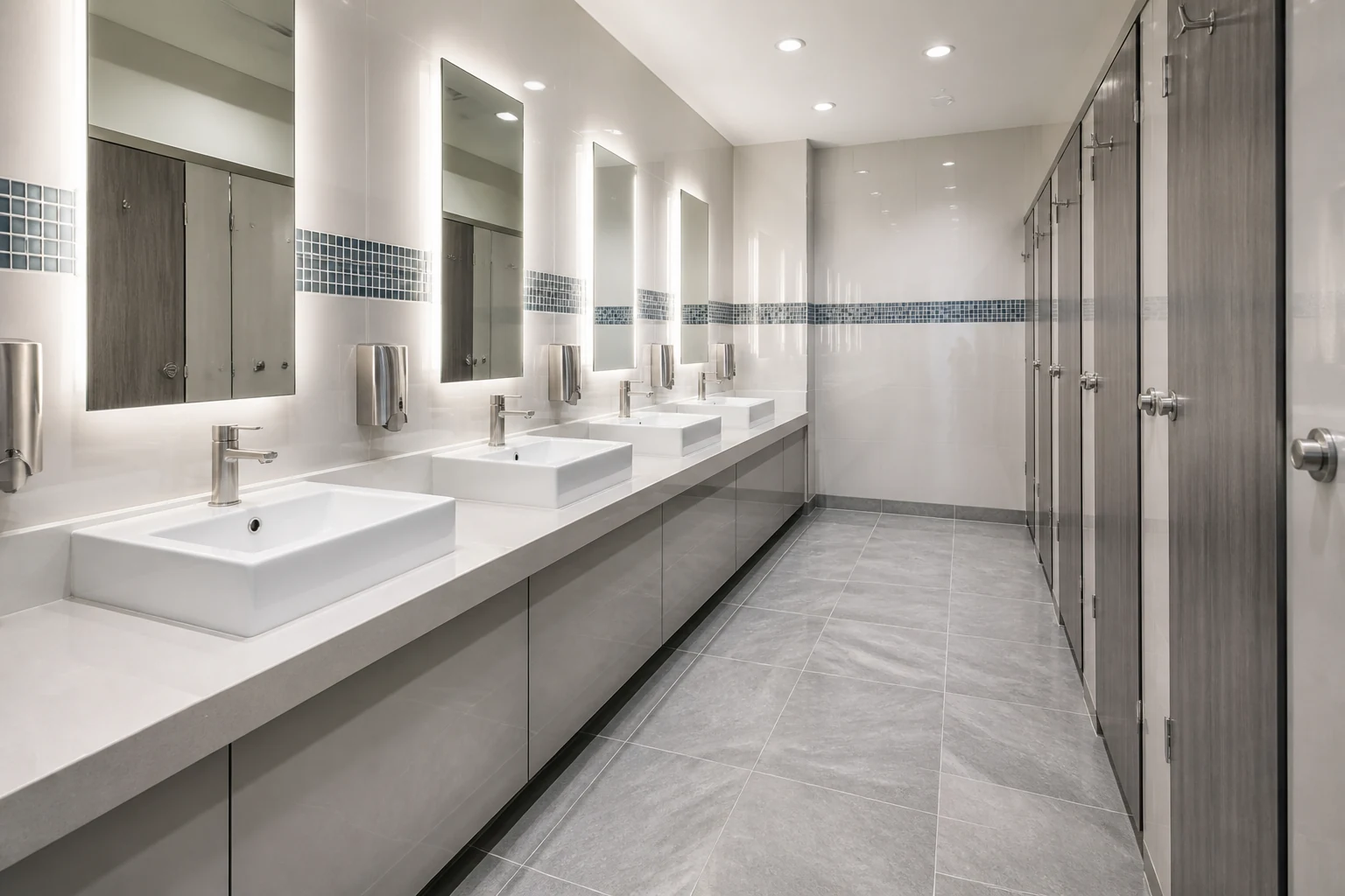 Coordinated commercial washroom fit out with vanity basins, mirrors, panels and cubicles.