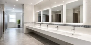 Modern commercial washroom vanity run with wall-mounted basins and backlit mirrors.