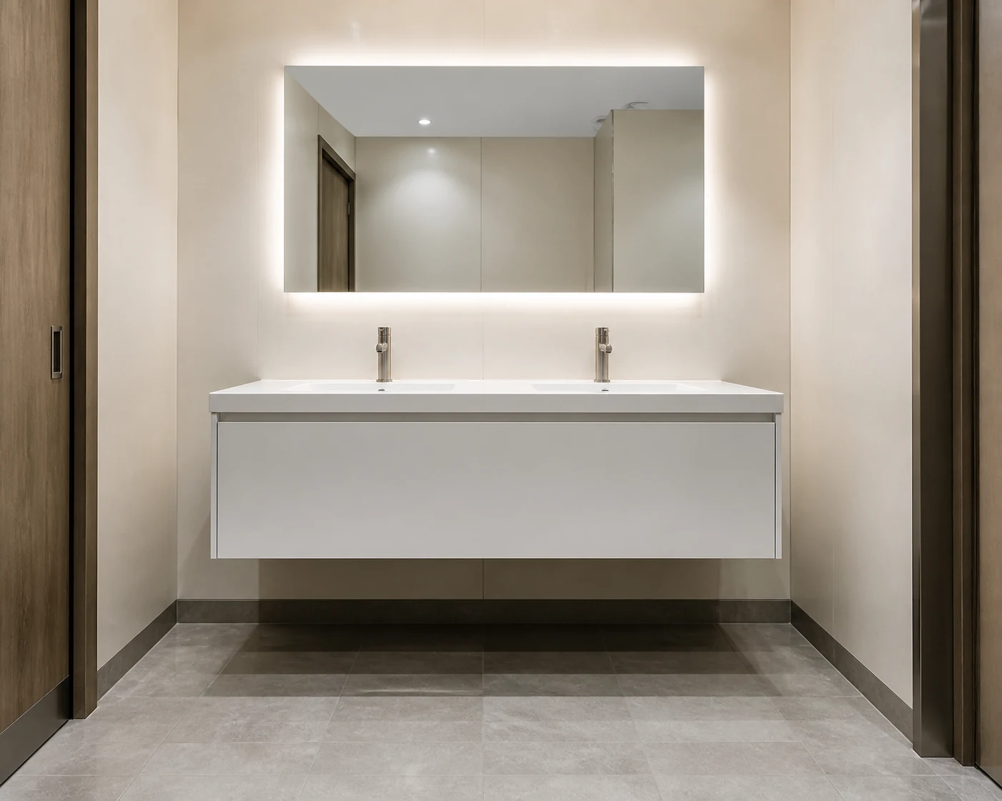 Wall-mounted commercial vanity unit with clear floor space for cleaning access.